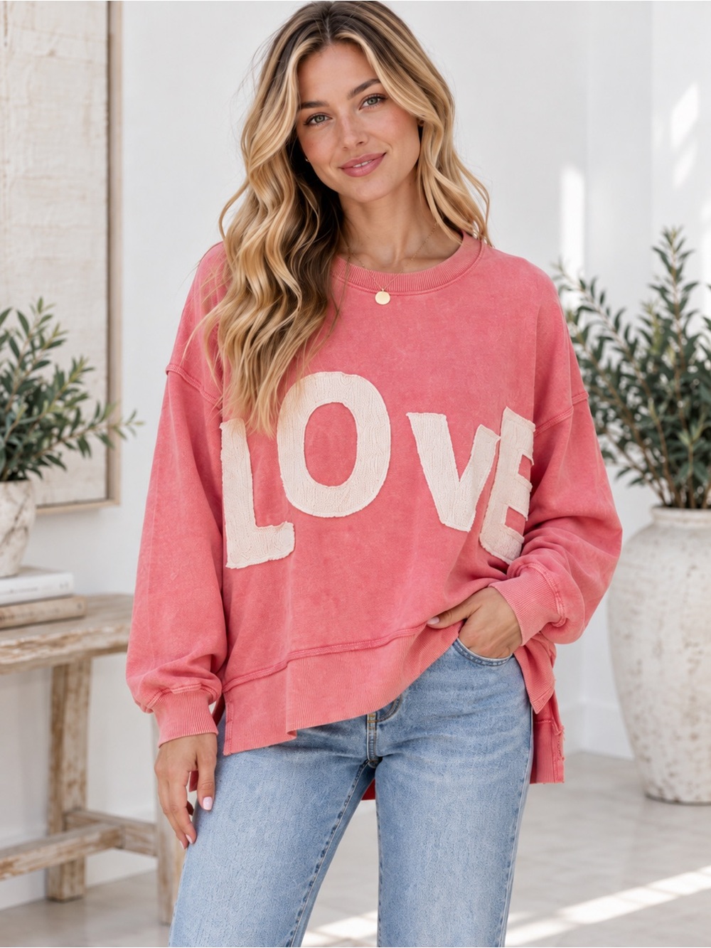 382 NWT ODDY Coral Pink 'LOVE' Pullover Sweatshirt Size M/L